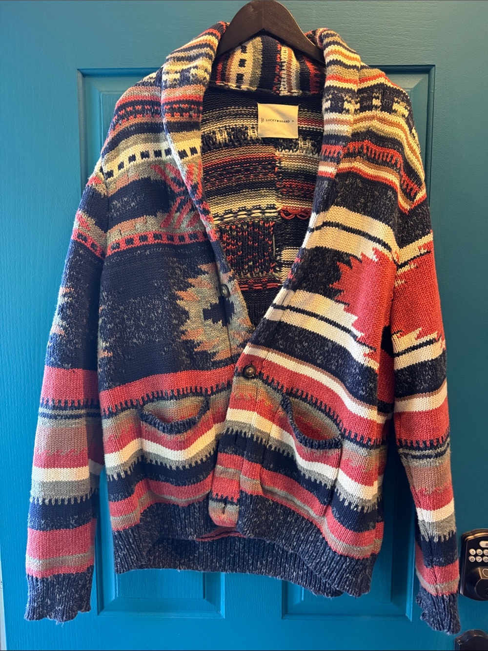 Lucky Brand Multicolor Striped Button-Front Cardigan — Navy, Coral, Cream, Tan.